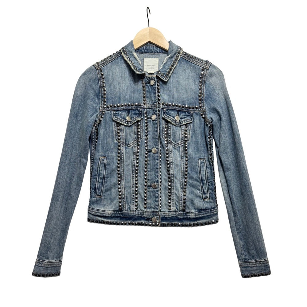New American Eagle Outfitters Studded Denim Jacket Blue Distressed XS